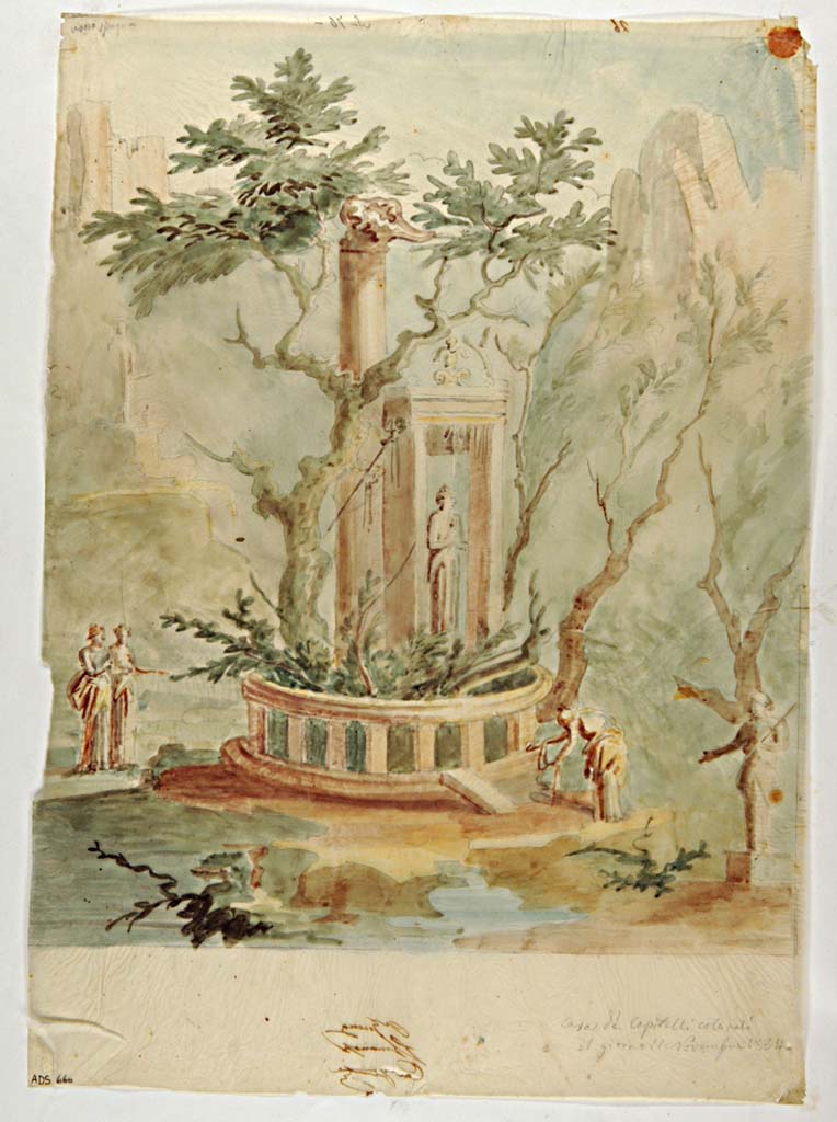 VII.4.31/51 Pompeii. Room 21, south wall of triclinium. Painting attributed to Giuseppe Marsigli, 11th November 1834, copy of sacred landscape.
Now in Naples Archaeological Museum. Inventory number ADS 660.
Photo © ICCD. http://www.catalogo.beniculturali.it
Utilizzabili alle condizioni della licenza Attribuzione - Non commerciale - Condividi allo stesso modo 2.5 Italia (CC BY-NC-SA 2.5 IT)
Original wall painting now in Naples Archaeological Museum, inventory number 9486.