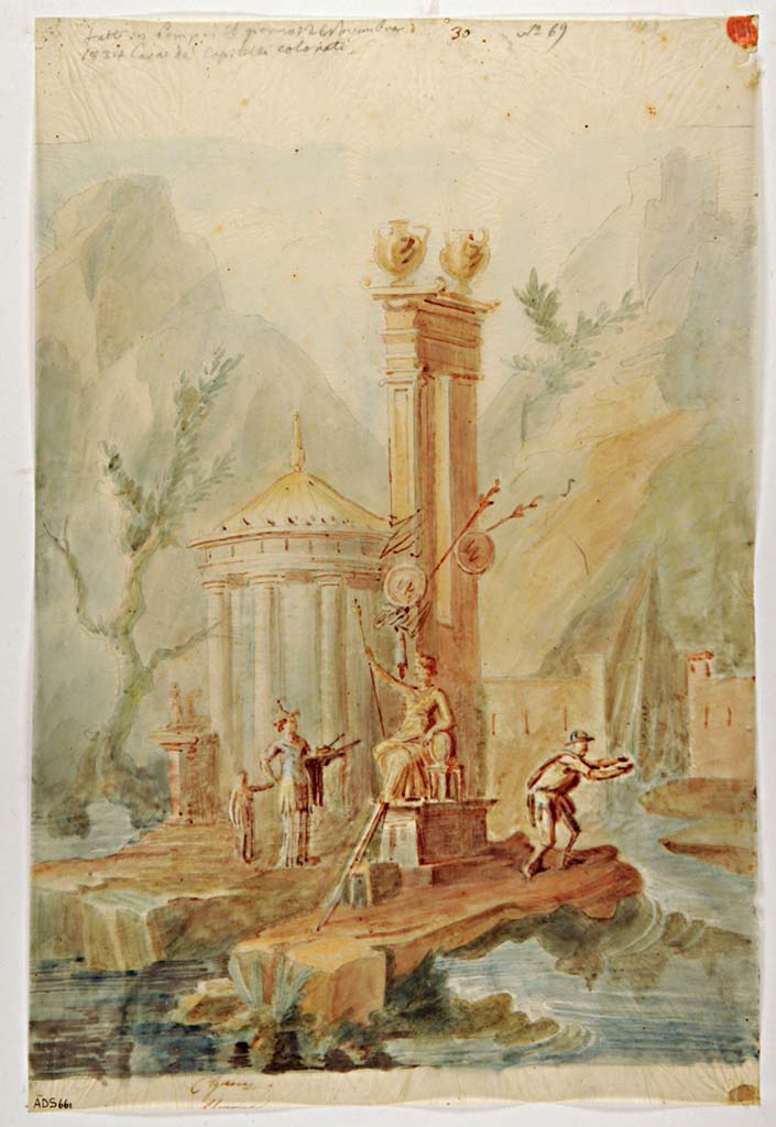 VII.4.31/51 Pompeii. Room 21, south wall of triclinium, “described as from similar situation to previous”.
Painting attributed to Giuseppe Marsigli, 21st November 1834, copy of sacred landscape.
Now in Naples Archaeological Museum. Inventory number ADS 661.
Photo © ICCD. http://www.catalogo.beniculturali.it
Utilizzabili alle condizioni della licenza Attribuzione - Non commerciale - Condividi allo stesso modo 2.5 Italia (CC BY-NC-SA 2.5 IT)