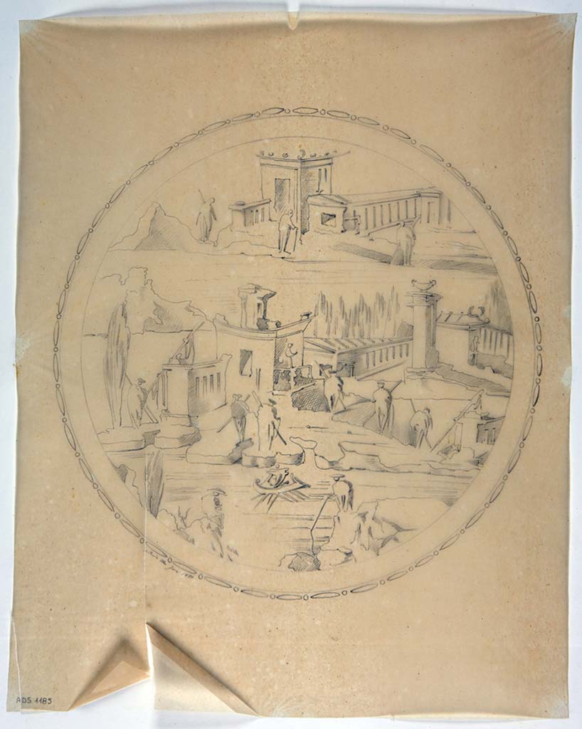VII.4.31/51 Pompeii. Drawing of medallion of architectural landscape by Antonio Ala, 1855.
There is no exact location known for this medallion.
Now in Naples Archaeological Museum. Inventory number ADS 1185.
Photo © ICCD. http://www.catalogo.beniculturali.it
Utilizzabili alle condizioni della licenza Attribuzione - Non commerciale - Condividi allo stesso modo 2.5 Italia (CC BY-NC-SA 2.5 IT)