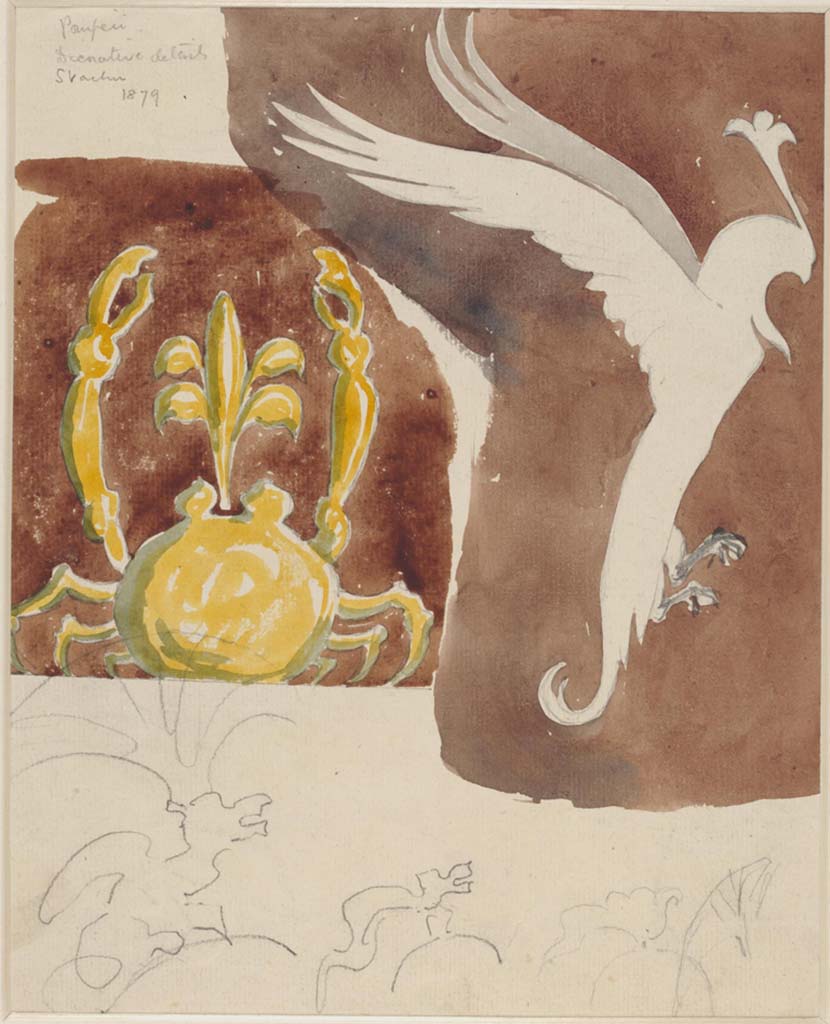 VII.4.31/51 Pompeii. 1879. Room 22, zoccolo of north wall, painting by Sydney Vacher of a crab and parrot. 
Photo © Victoria and Albert Museum, inventory number E.4420-1910.