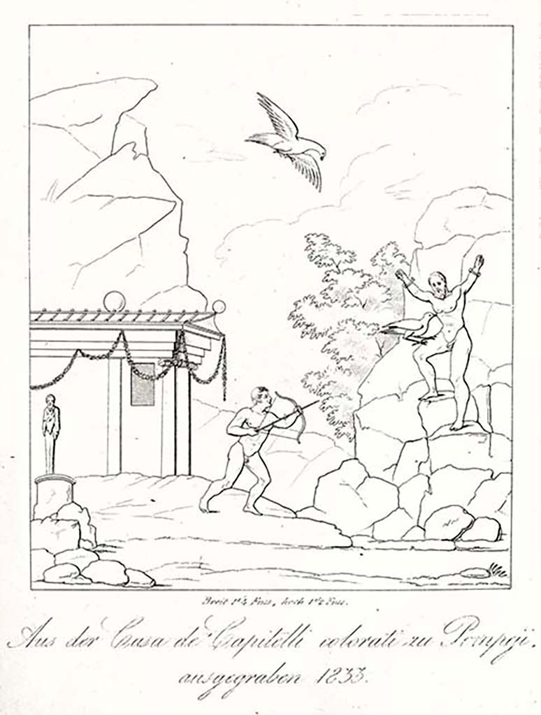 VII.4.31/51 Pompeii. 1842. Room 22, east wall. 
Drawing of the central wall painting of Hercules rescuing Prometheus.  
Now in Naples Museum. Inventory number 8849.
See Zahn, W., 1842. Die schönsten Ornamente und merkwürdigsten Gemälde aus Pompeji, Herkulanum und Stabiae: II. Berlin: Reimer, Tav. 30.