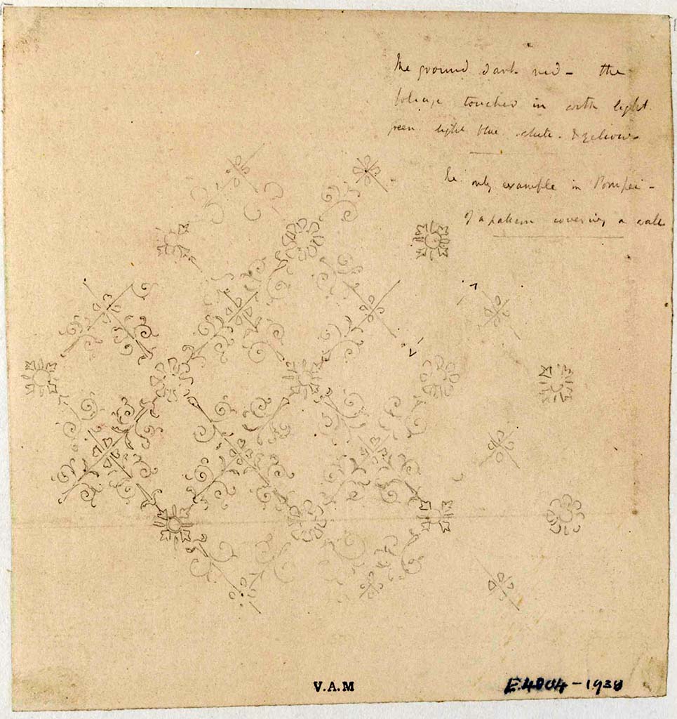 VII.4.31/51 Pompeii. Room 24, east wall. C.1840. Drawing by James William Wild, showing pattern on a dark background.
The ground dark red and the foliage touched in with light green, light blue, white and yellow.
The only example in Pompei of a pattern covering a wall.
Photo © Victoria and Albert Museum, inventory number E.4004-1938.