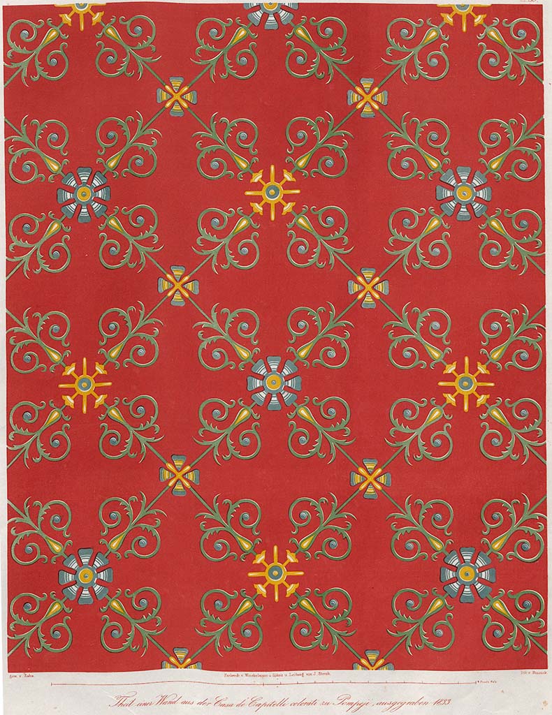 VII.4.31/51 Pompeii. 1842 painting by Zahn of decoration on room 24, east wall. 
See Zahn, W., 1842. Die schönsten Ornamente und merkwürdigsten Gemälde aus Pompeji, Herkulanum und Stabiae: II. Berlin: Reimer, Taf. 39.
According to PPM this shows the detail of the "wallpaper" decoration, from a drawing by Zahn. 
The traces still visible in situ and the fragments found by the Australian Expedition to Pompeii during the cleaning of the cellar confirm the accuracy of Zahn's watercolour.
See Carratelli, G. P., 1990-2003. Pompei: Pitture e Mosaici: Vol. VI. Roma: Istituto della enciclopedia italiana, p. 1071 n. 108 (and n. 107 and n. 110).
According to Descoeudres, in the cellar were fragments of plaster probably discarded by earlier excavators which when overlaid on an enlarged actual size copy of Zahn's painting were a perfect match, as were the traces remaining on the wall.
See Descoeudres J-P., Ed., 1994. Pompeii Revisited: The life and death of a Roman town. Sydney: Meditarch, (fig.75, p. 119 and reconstruction of wall in fig. 81, p.127)