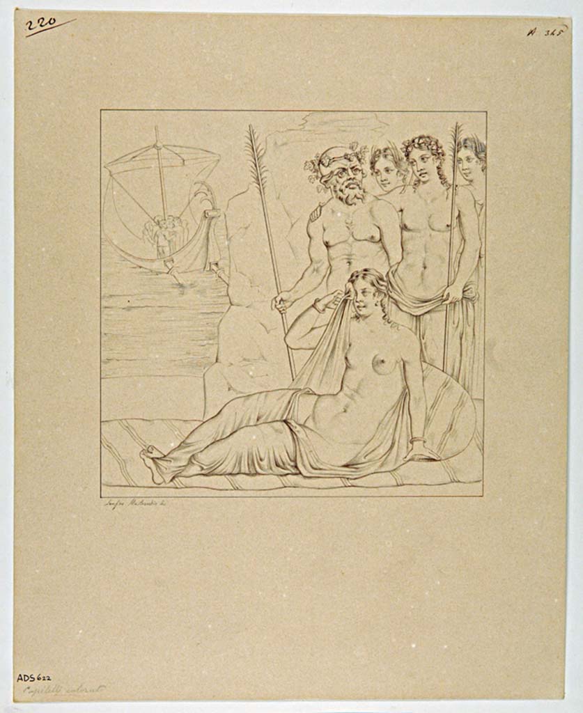VII.4.31/51 Pompeii. Room 24, east wall. 
Drawing by Serafino Mastracchio of painting of Arianna abandoned on Naxos. 
Now in Naples Archaeological Museum. Inventory number ADS 622.
Photo © ICCD. https://www.catalogo.beniculturali.it
Utilizzabili alle condizioni della licenza Attribuzione - Non commerciale - Condividi allo stesso modo 2.5 Italia (CC BY-NC-SA 2.5 IT)
See Helbig, W., 1868. Wandgemälde der vom Vesuv verschütteten Städte Campaniens. Leipzig: Breitkopf und Härtel, (1234).
Kuivalainen describes –
“A composition of five main figures on the sea shore.…………………..”
Kuivalainen comments –
“The relationship to the scenes depicting a sleeping Ariadne above is obvious. The sequence of the events is tighter here: the sailing Theseus is not far from the shore, Ariadne is barely awake but already aware of his departure, and Bacchus with his companions have just arrived. The central position of Silenus, of equal height with the divinity, is rare.”
See Kuivalainen, I., 2021. The Portrayal of Pompeian Bacchus. Commentationes Humanarum Litterarum 140. Helsinki: Finnish Society of Sciences and Letters, p.153-4, E17.