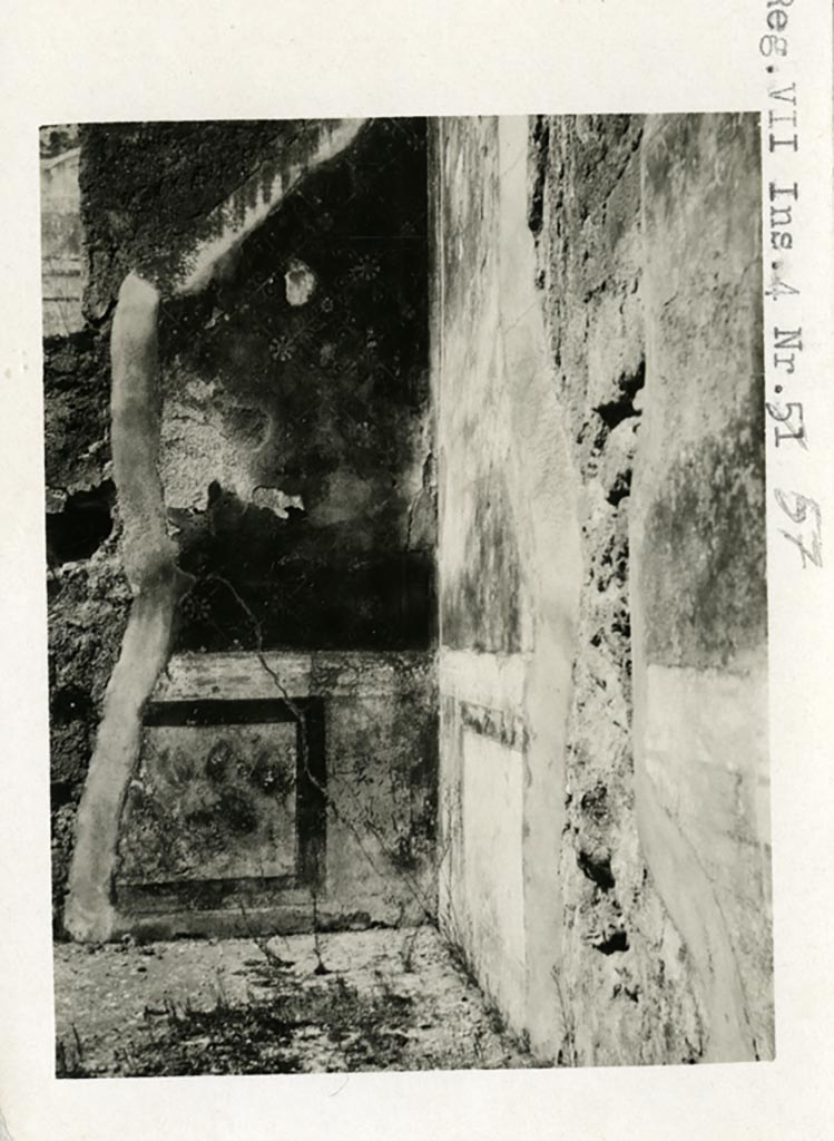 VII.4.31/51 Pompeii but shown on photo as VII.4.57. Pre-1937-39. Room 24, north-west corner.
Photo courtesy of American Academy in Rome, Photographic Archive. Warsher collection no. 1828.
According to PPM –
“West wall at north extremity – remains of decoration in IV Style: zoccolo painted in imitation of marble: 
slabs of “breccia gialla” (yellow patches on white) inside of a red cornice, near to which was a vertical panel of “cipollino verde” (green veins on white). Above the zoccolo, the decoration was composed of floral motifs placed to form a diamond lattice.”  
See Carratelli, G. P., 1990-2003. Pompei: Pitture e Mosaici.VI. (6). Roma: Istituto della enciclopedia italiana, p.1073-4, no.110.