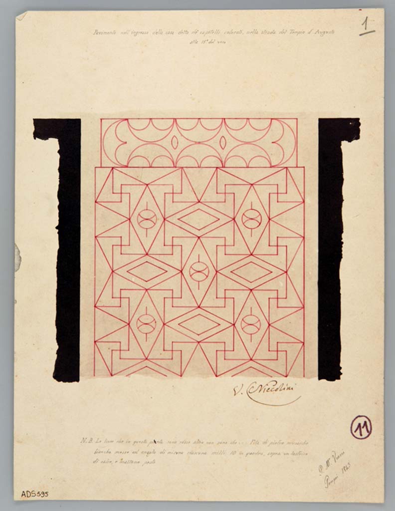 VII.4.31/51 Pompeii. Drawing by Pasquale Maria Veneri, 1843, of flooring at the entrance.
There is a note that reads “the lines that are shown in red, are rows of white mosaic stones”.
Now in Naples Archaeological Museum. Inventory number ADS 595.
Photo © ICCD. http://www.catalogo.beniculturali.it
Utilizzabili alle condizioni della licenza Attribuzione - Non commerciale - Condividi allo stesso modo 2.5 Italia (CC BY-NC-SA 2.5 IT)