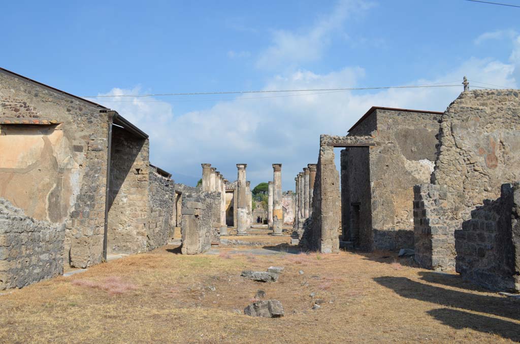 VII.4.31/51 Pompeii. September 2019. Room 2, atrium with remains of impluvium.  
Looking north, through two peristyles to other entrance in Via della Fortuna.
Foto Annette Haug, ERC Grant 681269 DÉCOR.