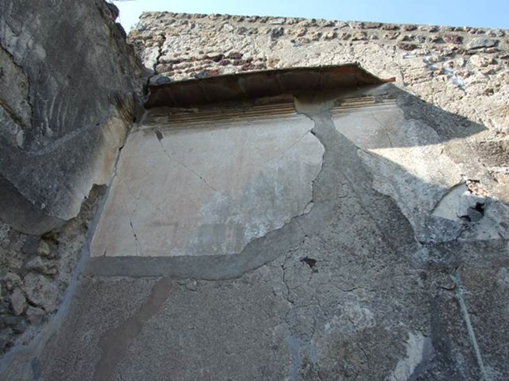 VII.4.31 Pompeii. March 2009. Room 5, north-west corner of cubiculum.  
Remains of stucco and painted plaster on upper wall. 
The middle section had been plastered but not painted and the lower wall had not been started at all.  The work of decoration was obviously interrupted and never finished.