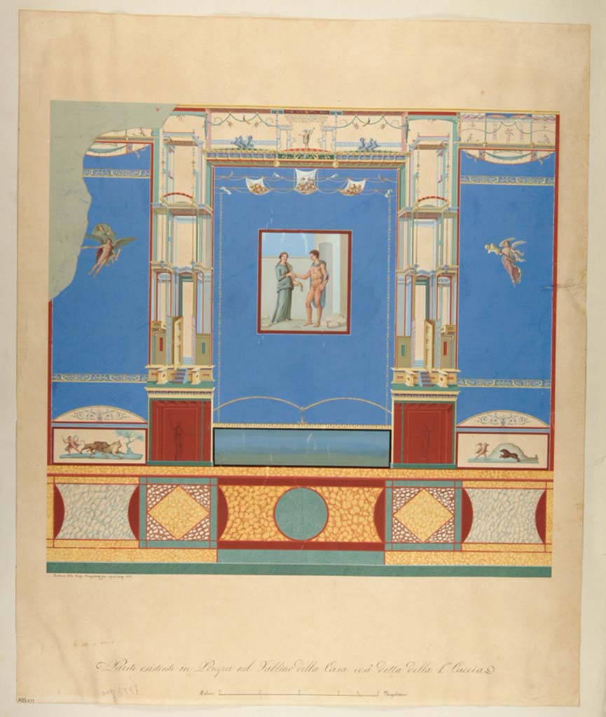 VII.4.48 Pompeii. 
Painting by Antonio Ala, 1857, of the east wall of the tablinum. The Nile landscape from the central predella is missing in the painting.
Now in Naples Archaeological Museum. Inventory number ADS 577.
Photo © ICCD. https://www.catalogo.beniculturali.it/
Utilizzabili alle condizioni della licenza Attribuzione - Non commerciale - Condividi allo stesso modo 2.5 Italia (CC BY-NC-SA 2.5 IT)