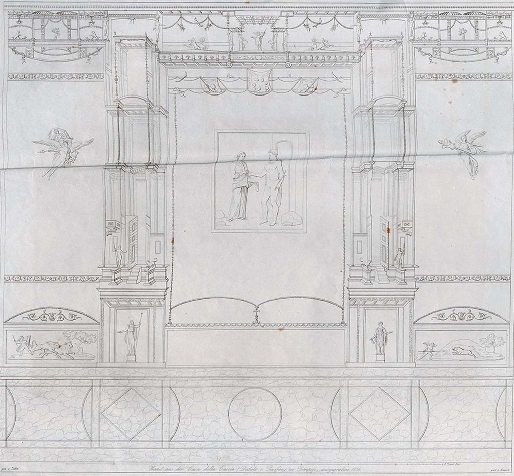 VII.4.48 Pompeii. Pre-1842, drawing by Zahn of east wall of tablinum.
Zahn describes: Wall from the Casa della Caccia (Dedalo e Pasifae) at Pompeii, excavated in 1834. 
The main painting on this wall gives us a representation which rarely occurs on ancient monuments.
Theseus, son of Aegeus and Aethra, at the entrance to the labyrinth of Crete, receiving from the Ariadne, the daughter of Minos and Pasiphae, the ball with whose thread he saves himself from the labyrinth after killing the Minotaur. By this deed Theseus freed Athens from the terrible tribute, consisting of seven boys and seven girls. Theseus escaped with Ariadne, but left her on Naxos, where Bacchus, coming from India on his journey, married her. 
The counterpart of this painting on the opposite wall of the tablinum represents: Daedalus, who brings to Pasiphae the wooden cow he made, through whose mediation with the bull she gave birth to the Minotaur.
See Zahn, W., 1842-44. Die schönsten Ornamente und merkwürdigsten Gemälde aus Pompeji, Herkulanum und Stabiae: II. Berlin: Reimer, taf. 33.