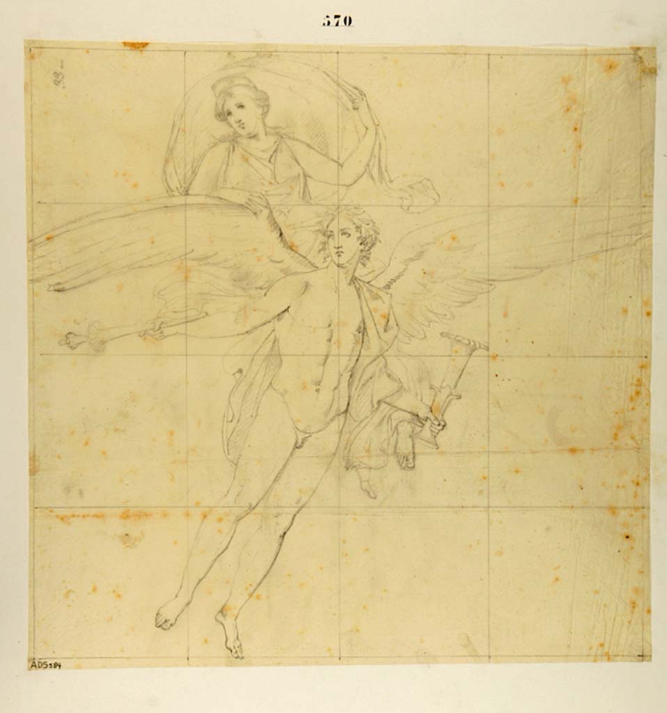 VII.4.48 Pompeii. 
Drawing attributed to Antonio Ala of painting of Phosphorus and Aurora, from the north end of the east wall of the tablinum. 
This same painting is shown in Museo Borbonico XII, Tav. IV, with N. La Volpe shown as the artist.
See Helbig, W., 1868. Wandgemälde der vom Vesuv verschütteten Städte Campaniens. Leipzig: Breitkopf und Härtel. (1953)
Now in Naples Archaeological Museum. Inventory number ADS 584.
Photo © ICCD. https://www.catalogo.beniculturali.it/
Utilizzabili alle condizioni della licenza Attribuzione - Non commerciale - Condividi allo stesso modo 2.5 Italia (CC BY-NC-SA 2.5 IT)