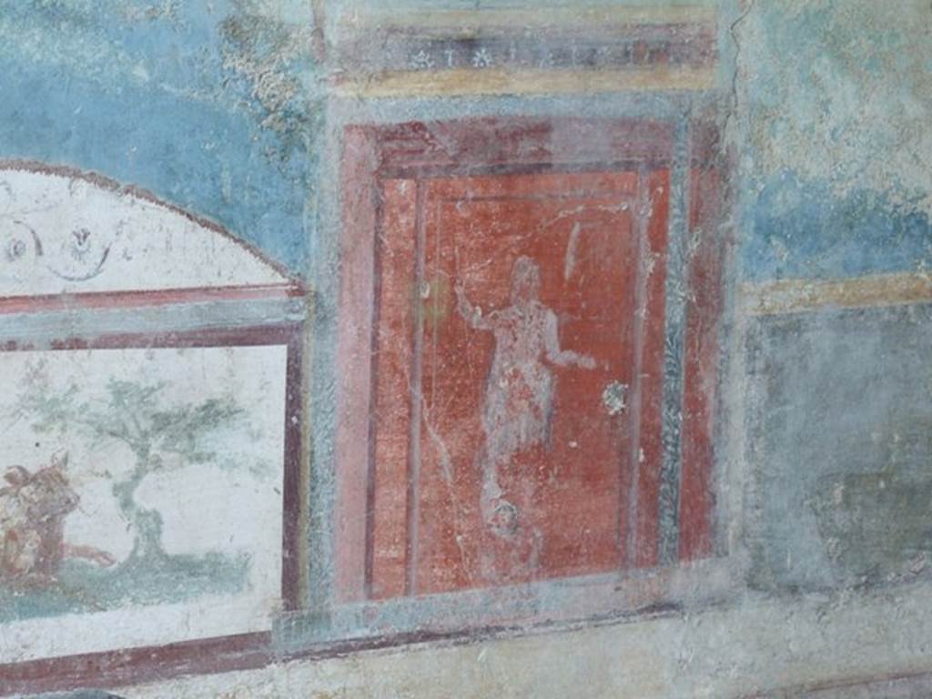 VII.4.48 Pompeii. December 2007. Room 11, detail from east wall of tablinum.
According to Kuivalainen – 
There are four red panels in part of the predella of the west and east wall.
Each panel containing a fully white robed figure, depicting statues of Bacchus based on attributes and the pose of the standing figure. 
The best preserved figure on the west wall holds a patera in the right hand, a thyrsus with a bunch of leaves upwards in the left hand.
See Kuivalainen, I., 2021. The Portrayal of Pompeian Bacchus. Commentationes Humanarum Litterarum 140. Helsinki: Finnish Society of Sciences and Letters, (p.82, A6).