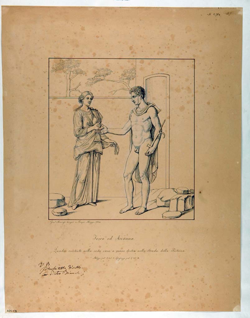 VII.4.48 Pompeii. Room 11, east wall of tablinum. 
Drawing by Giuseppe Marsigli, May 1834, of Arianna giving Theseus the ball of thread to exit the labyrinth. 
See Helbig, W., 1868. Wandgemälde der vom Vesuv verschütteten Städte Campaniens. Leipzig: Breitkopf und Härtel. (1211).
Now in Naples Archaeological Museum. Inventory number ADS 579.
Photo © ICCD. https://www.catalogo.beniculturali.it/
Utilizzabili alle condizioni della licenza Attribuzione - Non commerciale - Condividi allo stesso modo 2.5 Italia (CC BY-NC-SA 2.5 IT)