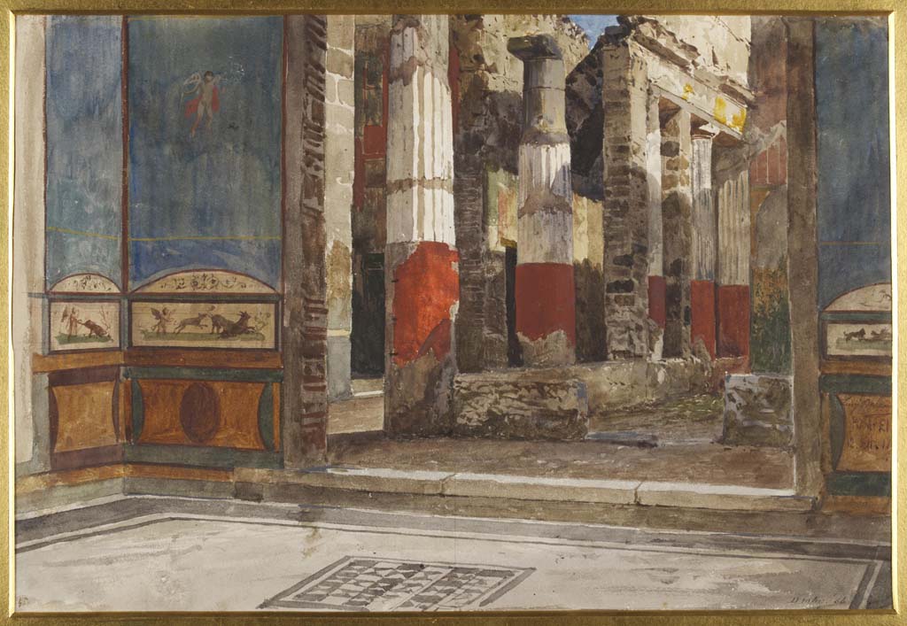 VII.4.48 Pompeii. 12th September 1876? Watercolour by Luigi Bazzani, looking towards peristyle.
Room 11, looking towards south-east corner of tablinum, and south wall with entrance to peristyle.
Photo © Victoria and Albert Museum. Inventory number 1069-1886.