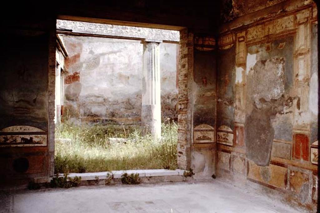 VII.4.48 Pompeii. 1964. Room 11, south wall with doorway to peristyle. Photo by Stanley A. Jashemski.
Source: The Wilhelmina and Stanley A. Jashemski archive in the University of Maryland Library, Special Collections (See collection page) and made available under the Creative Commons Attribution-Non Commercial License v.4. See Licence and use details.
J64f1372