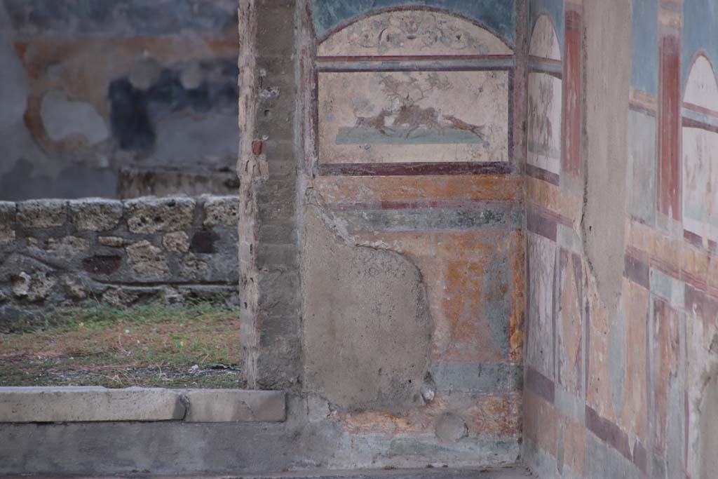 VII.4.48 Pompeii. September 2021. 
Room 11, detail from south wall and zoccolo of tablinum in south-west corner. Photo courtesy of Klaus Heese.