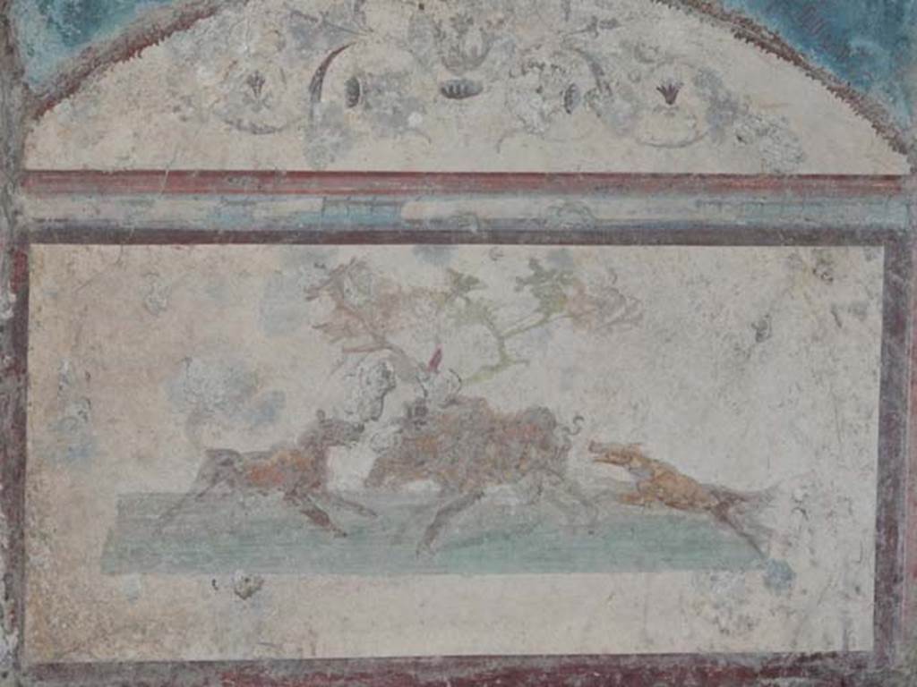 VII.4.48 Pompeii. May 2015. Room 11, detail from south wall of tablinum in south-west corner. Photo courtesy of Buzz Ferebee.