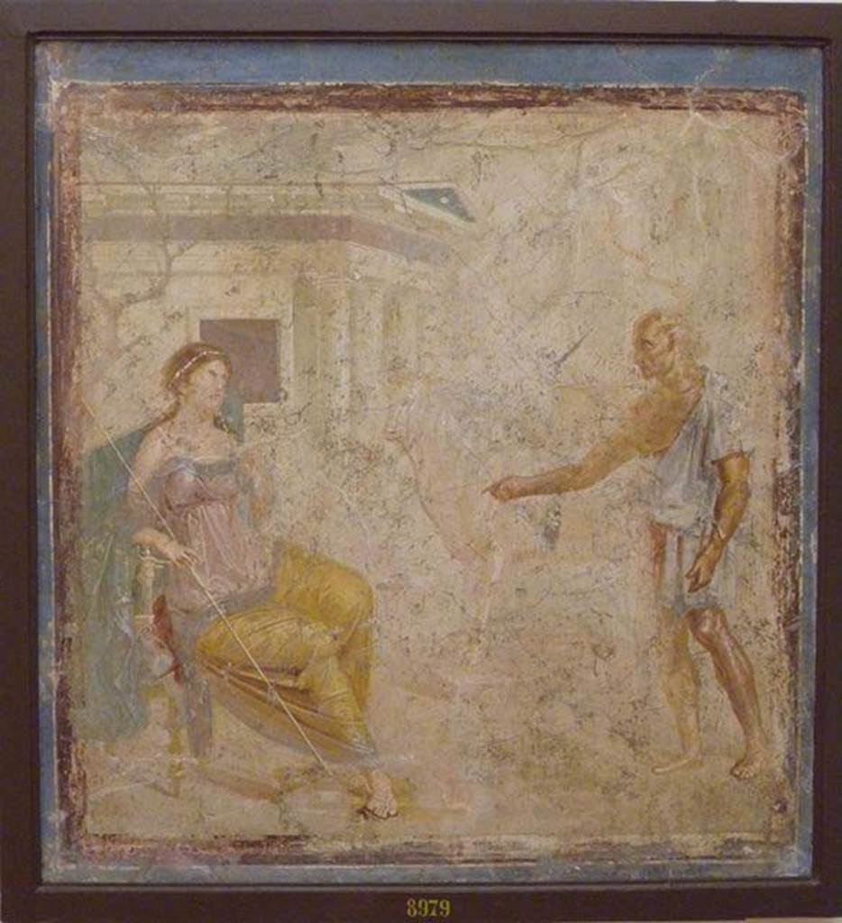 VII.4.48 Pompeii. Room 11, wall painting from centre of west wall.  
Wall painting of Daedalus showing Pasiphae the wooden cow.
Now in Naples Archaeological Museum. Inventory number 8979.
