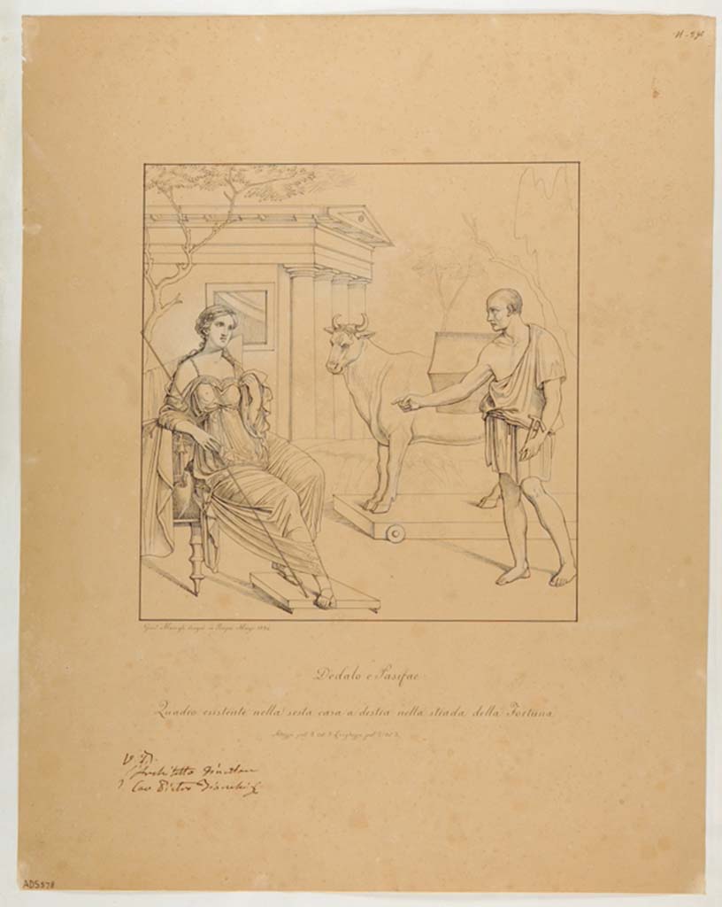 VII.4.48 Pompeii. Room 11, wall painting from centre of west wall.  
Drawing by Giuseppe Marsigli, March 1834, of painting of Daedalus and Pasiphae.
Now in Naples Archaeological Museum. Inventory number ADS 578.
Photo © ICCD. https://www.catalogo.beniculturali.it/
Utilizzabili alle condizioni della licenza Attribuzione - Non commerciale - Condividi allo stesso modo 2.5 Italia (CC BY-NC-SA 2.5 IT)
See Helbig, W., 1868. Wandgemälde der vom Vesuv verschütteten Städte Campaniens. Leipzig: Breitkopf und Härtel. (1206). 
According to Helbig, an allegedly identical painting was found on the entrance pillar of VI.7.9. 
See Helbig, W., 1868. Wandgemälde der vom Vesuv verschütteten Städte Campaniens. Leipzig: Breitkopf und Härtel. (1207).
This painting was also copied by N. La Volpe, and reproduced in MB XIV, tav.1.
See Real Museo Borbonico XIV, Ta. 1.