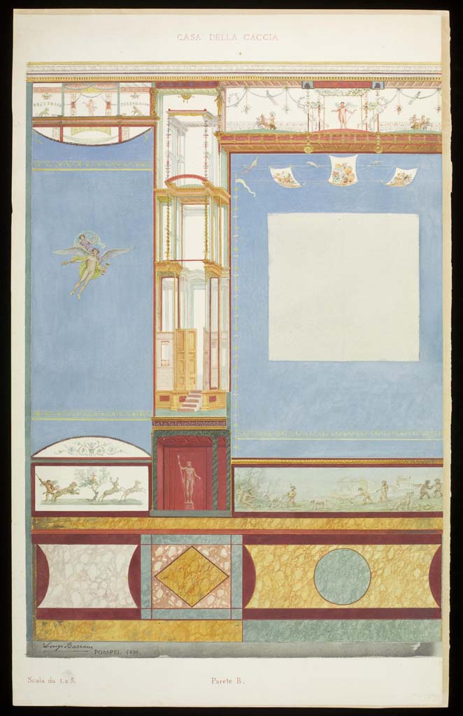 VII.4.48 Pompeii. 1899. 
Watercolour by Luigi Bazzani, looking towards west wall at south end.
(Note: the panel in the predella (on the left) with the stag hunt scene is the painted panel that is actually at the north end).
Photo © Victoria and Albert Museum. Inventory number 2029-1900.