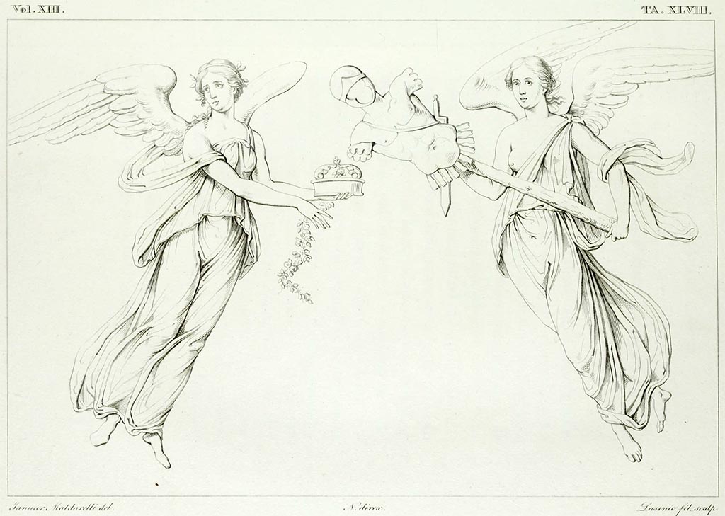 VII.4.48 Pompeii. Pre 1843. Drawing by Gennaro Maldarelli of two floating figures.
Room 11, the one on the left is from the south end of the west wall in the tablinum.
The one on the right is from the south end of the east wall of the tablinum.
See Real Museo Borbonico, vol. XIII (13), 1843, Tav. XLVIII (48).