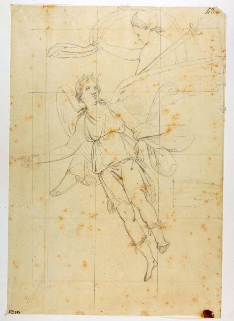 VII.4.48 Pompeii. 
Anonymous drawing from north end of west wall of tablinum, of Hesperus and Diana-Luna.
Now in Naples Archaeological Museum. Inventory number ADS 583.
Photo © ICCD. https://www.catalogo.beniculturali.it/
Utilizzabili alle condizioni della licenza Attribuzione - Non commerciale - Condividi allo stesso modo 2.5 Italia (CC BY-NC-SA 2.5 IT)
A panel printed in Museo Borbonico XII, Tav. V, and signed by La Volpe, is very similar to this.
See Helbig, W., 1868. Wandgemälde der vom Vesuv verschütteten Städte Campaniens. Leipzig: Breitkopf und Härtel, 1953.