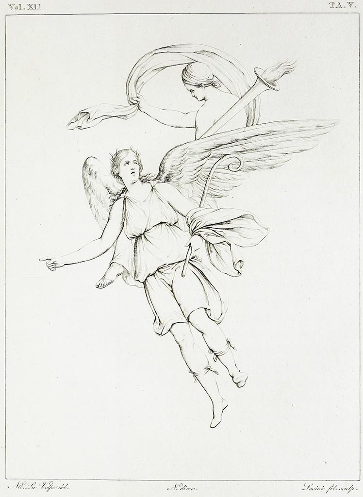 VII.4.48 Pompeii. Pre 1839 drawing of Hesperus and Diana-Luna.
This panel printed in RMB, and signed by La Volpe, is very similar to the unsigned ADS 583 above.
See Real Museo Borbonico XII, 1839, Tav. V.
See Helbig, W., 1868. Wandgemälde der vom Vesuv verschütteten Städte Campaniens. Leipzig: Breitkopf und Härtel, 1953.