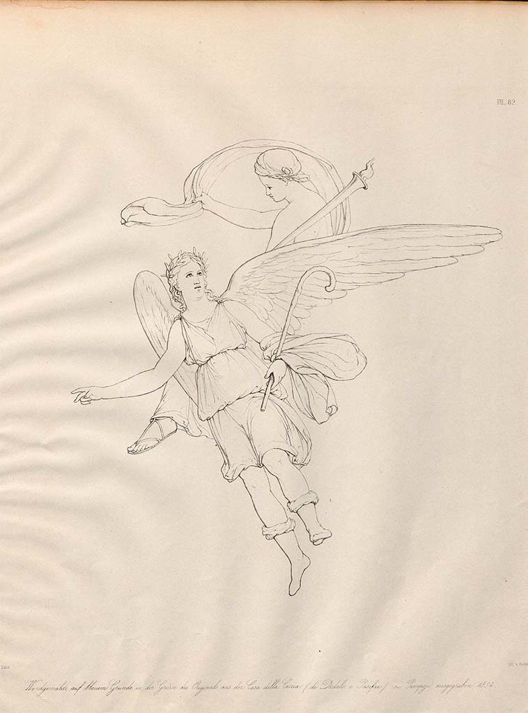 VII.4.48 Pompeii. Pre-December 1858. 
Drawing by Zahn of floating group found at north end of west wall of tablinum.
See Zahn, W., 1852-59. Die schönsten Ornamente und merkwürdigsten Gemälde aus Pompeji, Herkulanum und Stabiae: III. Berlin: Reimer, taf. 82.