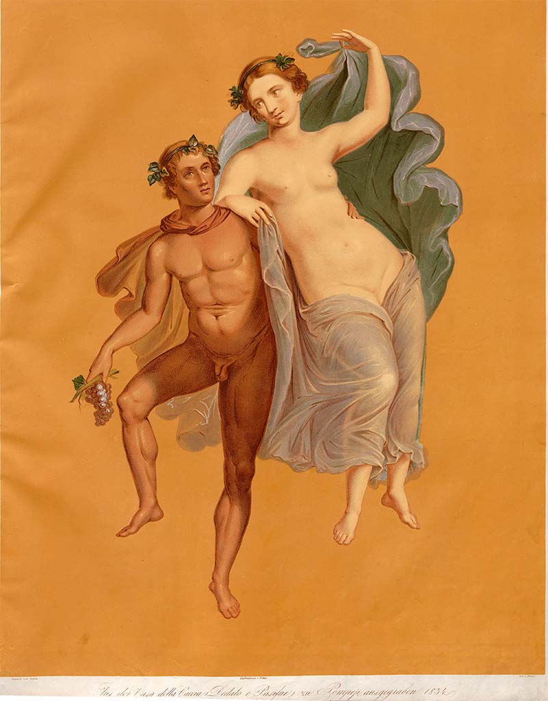 VII.4.48 Pompeii. c.1834. Painting by Zahn of a flying group perhaps representing Bacchus and Ariadne, or else Baccantes. 
According to Zahn, this was found on the north wall of the exedra.
On the west wall would have been seen another flying group, counterpart to the above.
See Zahn, W., 1842-44. Die schönsten Ornamente und merkwürdigsten Gemälde aus Pompeji, Herkulanum und Stabiae: II. Berlin: Reimer, taf. 87, and plan of house on pl.80 for position of “f” and “g”.)