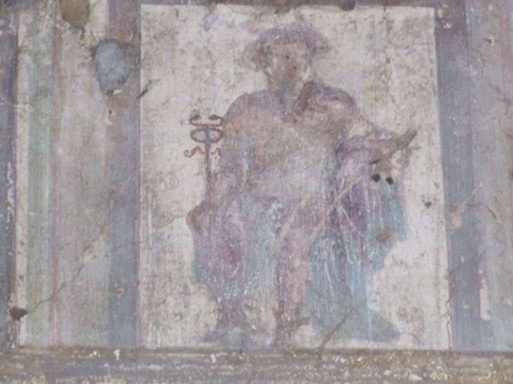 VII.4.48 Pompeii. December 2007. Room 13, ala.   Detail of wall painting on upper west wall, Mercurius with caduceus, hat and winged sandals.