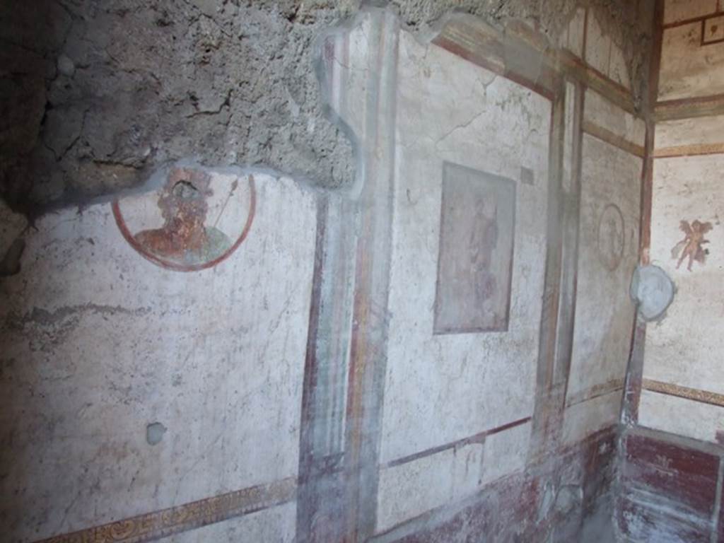VII.4.48 Pompeii. December 2007. Room 14.  Cubiculum. South wall. 
Partially destroyed wall painting of Zeus, on left.