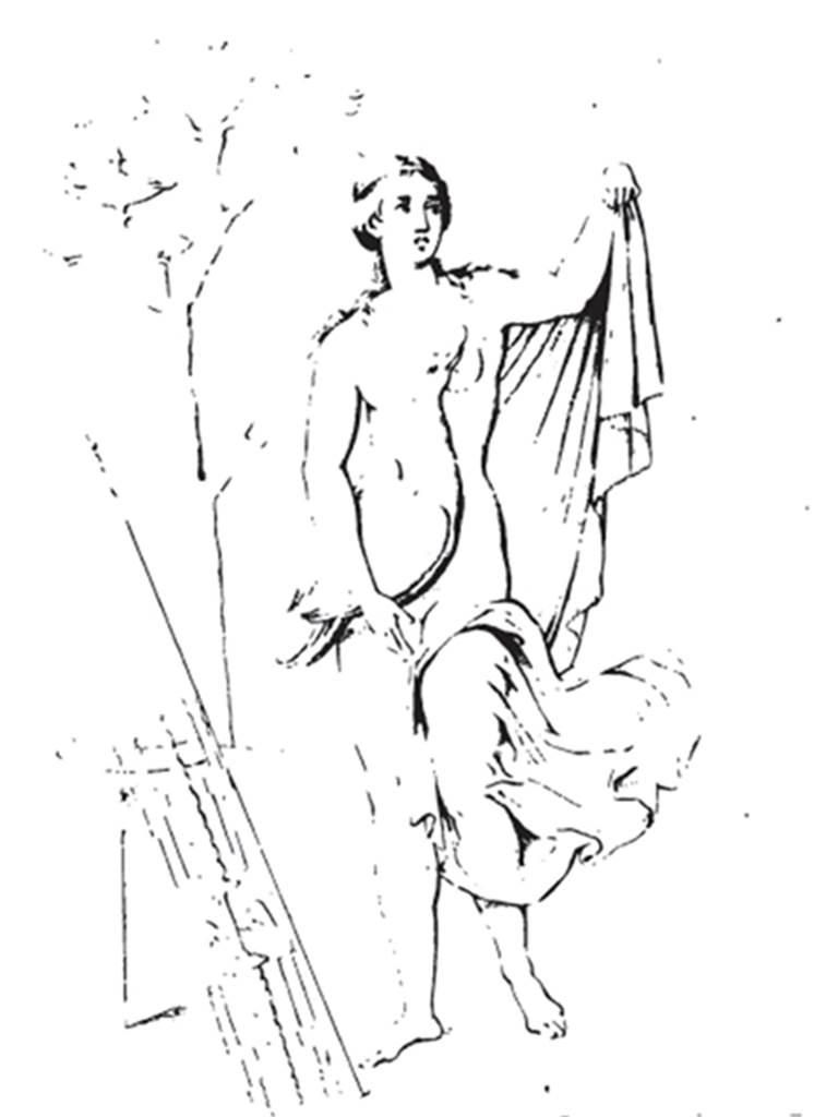 VII.4.48 Pompeii. About 1835.  Room 14, centre panel of south wall of cubiculum. Sketch of wall painting of Leda and the swan. See Helbig, W., 1868. Wandgemälde der vom Vesuv verschütteten Städte Campaniens. Leipzig: Breitkopf und Härtel. (145). See also Real Museo Borbonico XI (Pl 21)