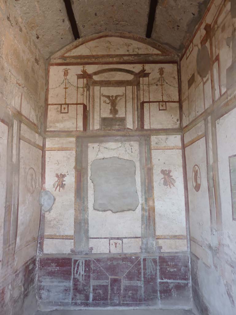 VII.4.48 Pompeii. October 2014. 
Room 14, west wall of cubiculum, site of wall painting of Danae, now removed to Naples Museum, see below.
Foto Annette Haug, ERC Grant 681269 DÉCOR.