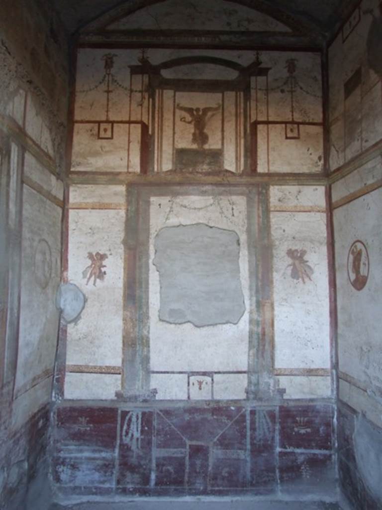 VII.4.48 Pompeii. December 2007. Room 14.   West wall.  Central wall painting of Danae, removed to Naples Museum.