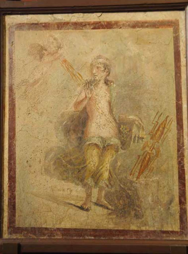 VII.4.48 Pompeii. Room 14, west wall of cubiculum. Wall painting of Danae and the Golden shower of Zeus.  
Now in Naples Archaeological Museum, inventory number 9549.
See Helbig, W., 1868. Wandgemälde der vom Vesuv verschütteten Städte Campaniens. Leipzig: Breitkopf und Härtel. (116).
See Real Museo Borbonico XI, 1835, (Pl 21).