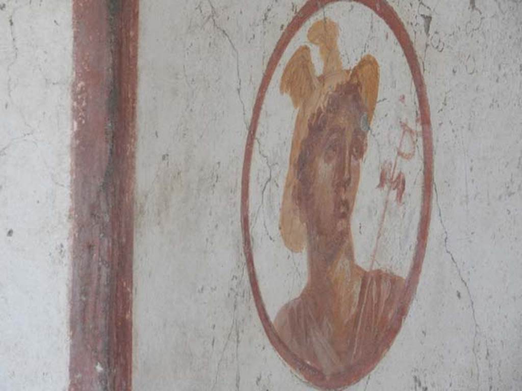 VII.4.48 Pompeii. May 2015. Room 14, medallion with painting of Hermes or Mercury, on north wall of cubiculum at west end.  Photo courtesy of Buzz Ferebee.
