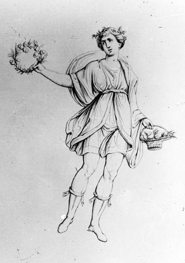 VII.4.48 Pompeii. Detail from W.20. Drawing of vignette of Autumn, from west wall of atrium. See Real Museo Borbonico, XII, 1839 Tav 18.
Photo by Tatiana Warscher. With kind permission of DAI Rome, whose copyright it remains. 
See http://arachne.uni-koeln.de/item/marbilderbestand/230710