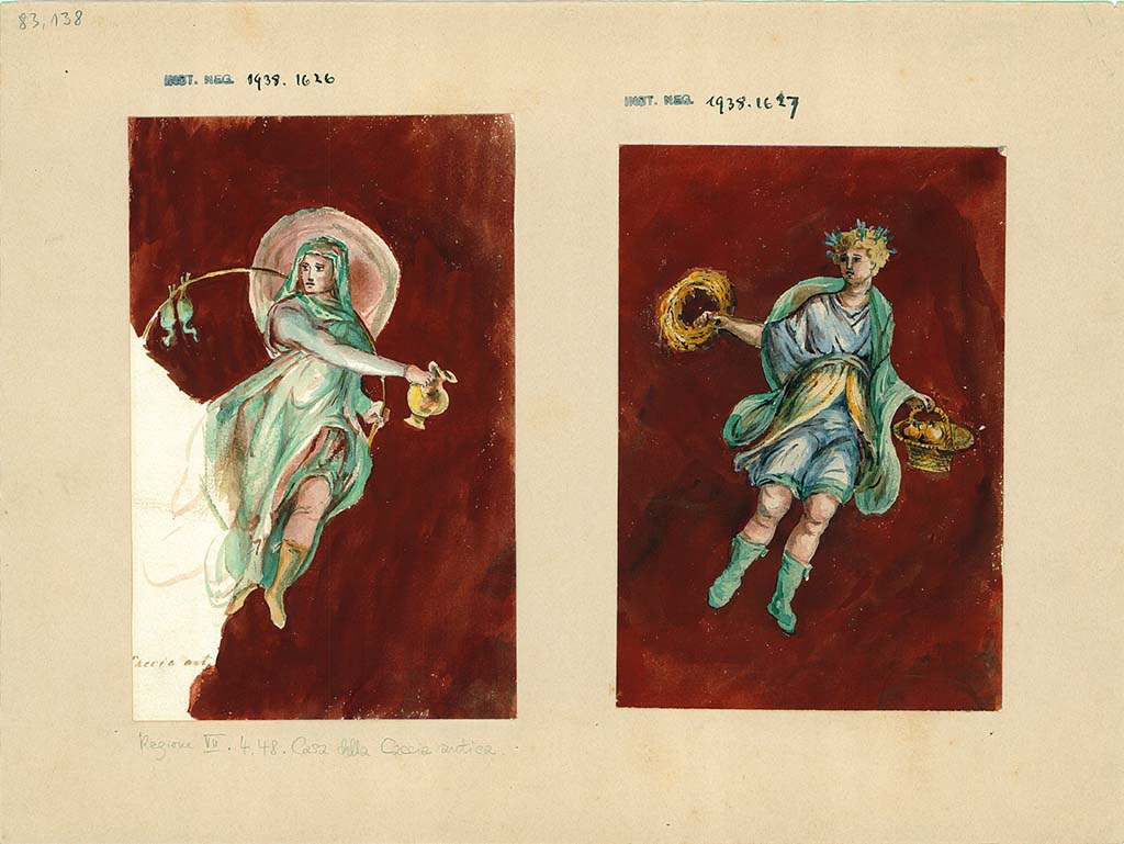 VII.4.48 Pompeii. Paintings from atrium walls showing Winter from north wall, on left, and Autumn from west wall, on right.
DAIR 83.138.  Photo © Deutsches Archäologisches Institut, Abteilung Rom, Arkiv.