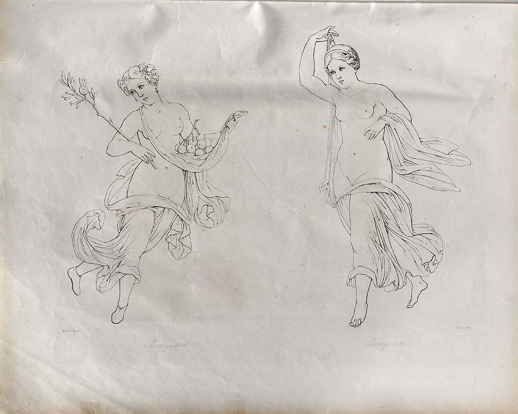 VII.4.48 Pompeii. Found 1839 and 1840, two feminine flying figures. 
According to Zahn – “The figure found in November 1839 in a new house on the Strada della Fortuna, was painted on a red background, the clothing was yellow above and white below; the clothing on the left arm was violet.
The other figure with the fruits and carrying a branch in the right hand (perhaps this figure represents Summer or Autumn, belonging to the same house, and was painted on a yellow background.”
See Zahn, W., 1842-44. Die schönsten Ornamente und merkwürdigsten Gemälde aus Pompeji, Herkulanum und Stabiae: II. Berlin: Reimer, taf. 8.