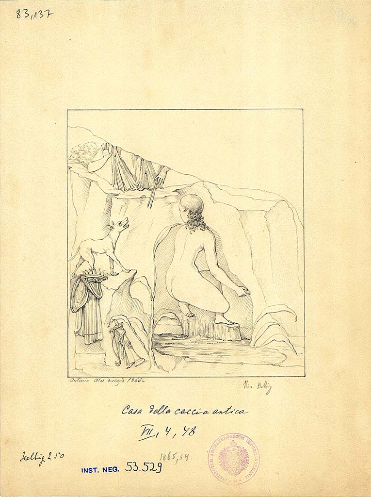 VII.4.48 Pompeii. c.1865. Room 18, sketch by Antonio Ala of central wall painting of Actaeon surprising Artemis at her bath.
DAIR 83.137. Photo © Deutsches Archäologisches Institut, Abteilung Rom, Arkiv.
