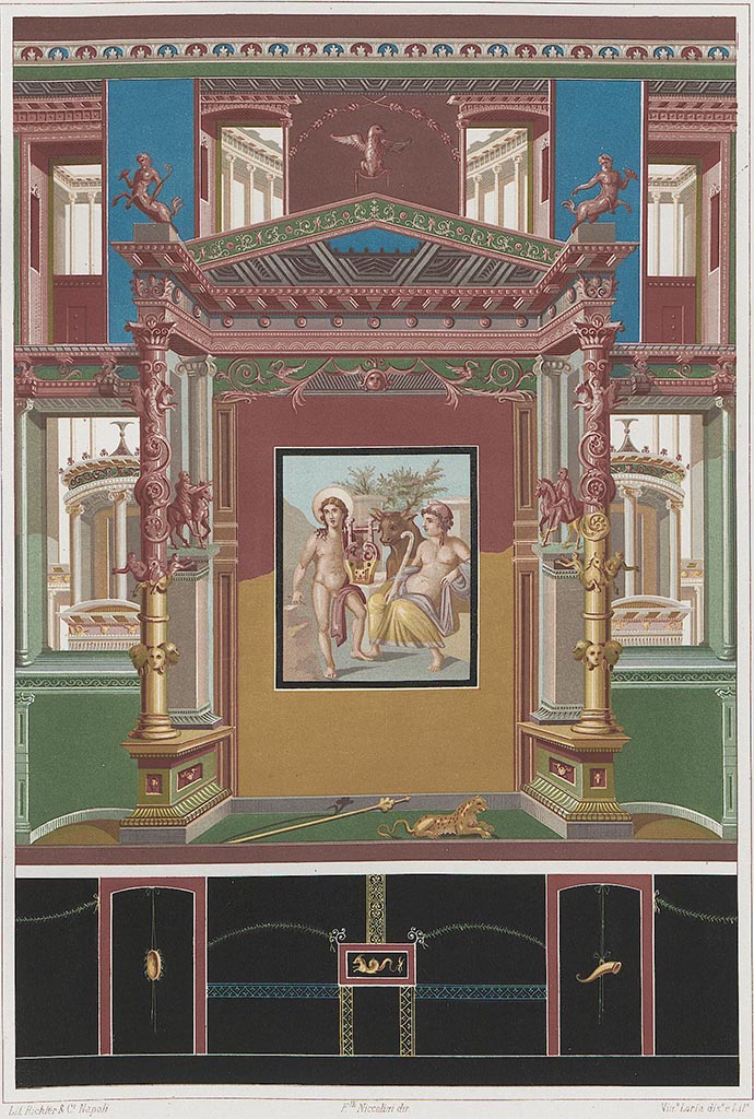 VII.4.48 Pompeii. 
Wall painting by V. Loria showing centre of east wall of exedra and painting of Apollo. 
(Note the zoccolo (lower wall) is from a different wall).
According to Niccolini –
“Everyone can imagine from this painting how grandiose the whole wall must have been, since this can certainly be judged from the part seen………”
See Niccolini F, 1862. Le case ed i monumenti di Pompei: Volume Secondo. Napoli, Descrizione Generale, tav. LIX.