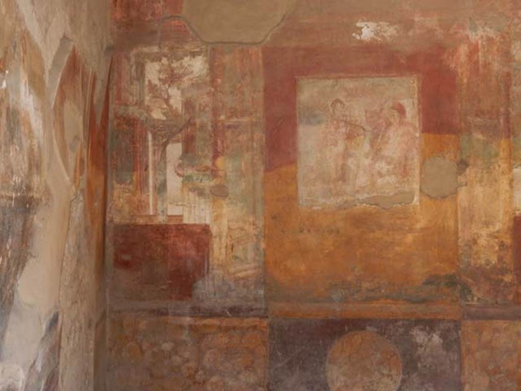 VII.4.48 Pompeii. May 2015. Room 18, looking towards north-east corner and east wall of exedra. Photo courtesy of Buzz Ferebee.
