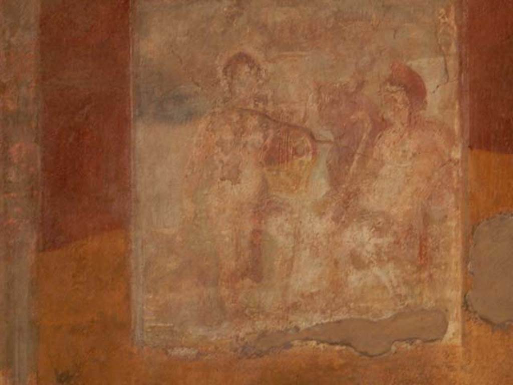 VII.4.48 Pompeii. May 2015. Room 18, detail of wall painting of Apollo from east wall of exedra.  Photo courtesy of Buzz Ferebee.