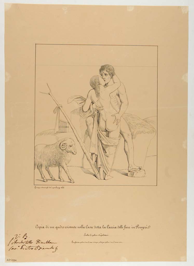 VII.4.48 Pompeii. Room 18, drawing by Giuseppe Marsigli, 1835, of central painting from south wall of Polyphemus and Galatea. 
Now in Naples Archaeological Museum. Inventory number ADS 594.
Photo © ICCD. http://www.catalogo.beniculturali.it
Utilizzabili alle condizioni della licenza Attribuzione - Non commerciale - Condividi allo stesso modo 2.5 Italia (CC BY-NC-SA 2.5 IT)