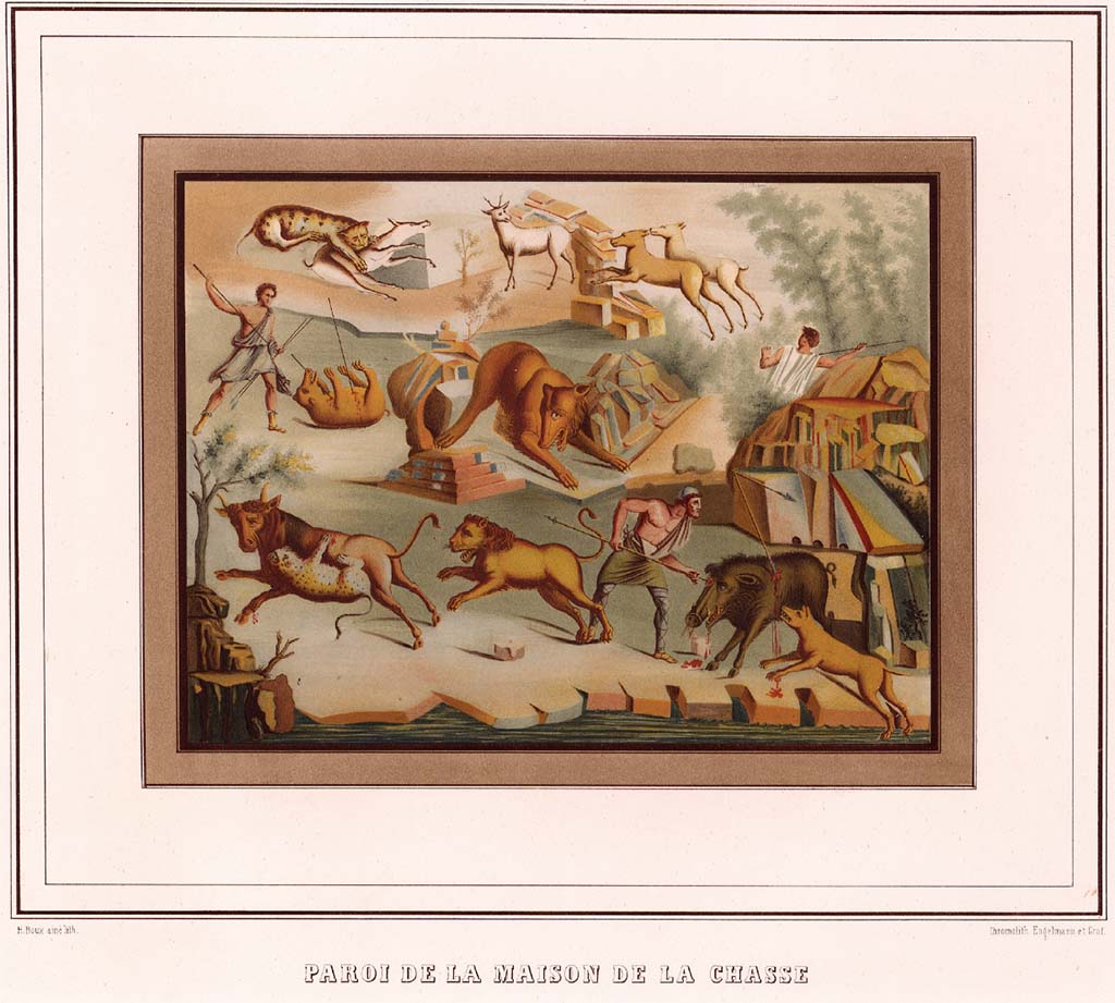 VI.4.48 Pompeii. Pre-1846. Painting by Raoul Rochette of south wall of the peristyle.
See Raoul-Rochette M., 1846. Choix de Peintures de Pompei. Paris: L’Imprimerie Royale, Pl. 16.
