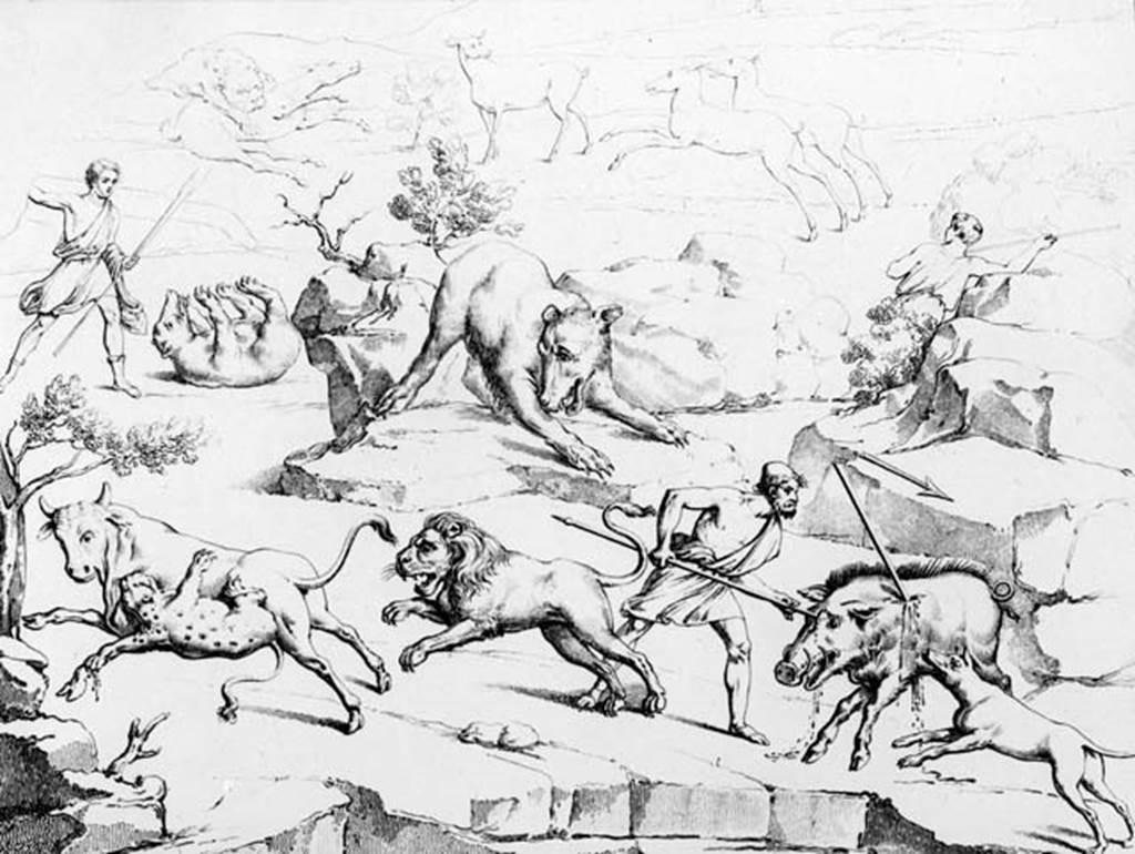 230536 Bestand-D-DAI-ROM-W.0023.jpg
VI.4.48 Pompeii. W.23. Drawing of hunt from south wall.See Real Museo Borbonico, XIII, 1843, tav 18.
Photo by Tatiana Warscher. With kind permission of DAI Rome, whose copyright it remains. 
See http://arachne.uni-koeln.de/item/marbilderbestand/230536