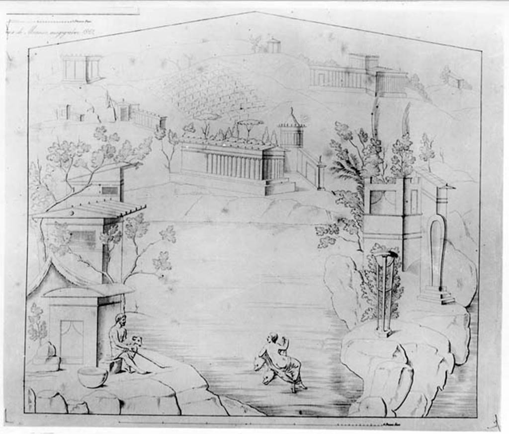 VI.4.48 Pompeii. W.24. Drawing of wall painting of Polyphemus and Galatea, which would have been seen on the south end of the west wall.
See Helbig, W., 1868. Wandgemälde der vom Vesuv verschütteten Städte Campaniens. Leipzig: Breitkopf und Härtel, (1043).
Photo by Tatiana Warscher. Photo © Deutsches Archäologisches Institut, Abteilung Rom, Arkiv. 
See Zahn, W., 1852. Die schönsten Ornamente und merkwürdigsten Gemälde aus Pompeji, Herkulanum und Stabiae: III. Berlin: Reimer, (pl.48, pre-October 1852).