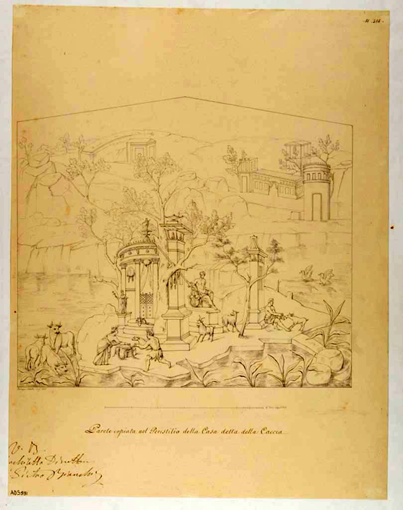 VII.4.48 Pompeii. Drawing by Giuseppe Abbate, 1835, of a painting copied from a wall in the peristyle. 
The scene from the upper north end of west wall showed a sacred landscape, edged with a red border, but is now faded and lost.
Cows, a priestess making an offering in front of a tholos, a statue of Apollo, and a shepherd with goats would have been seen.
See Helbig, W., 1868. Wandgemälde der vom Vesuv verschütteten Städte Campaniens. Leipzig: Breitkopf und Härtel. (1555).
Now in Naples Archaeological Museum. Inventory number ADS 591.
Photo © ICCD. https://www.catalogo.beniculturali.it/
Utilizzabili alle condizioni della licenza Attribuzione - Non commerciale - Condividi allo stesso modo 2.5 Italia (CC BY-NC-SA 2.5 IT)