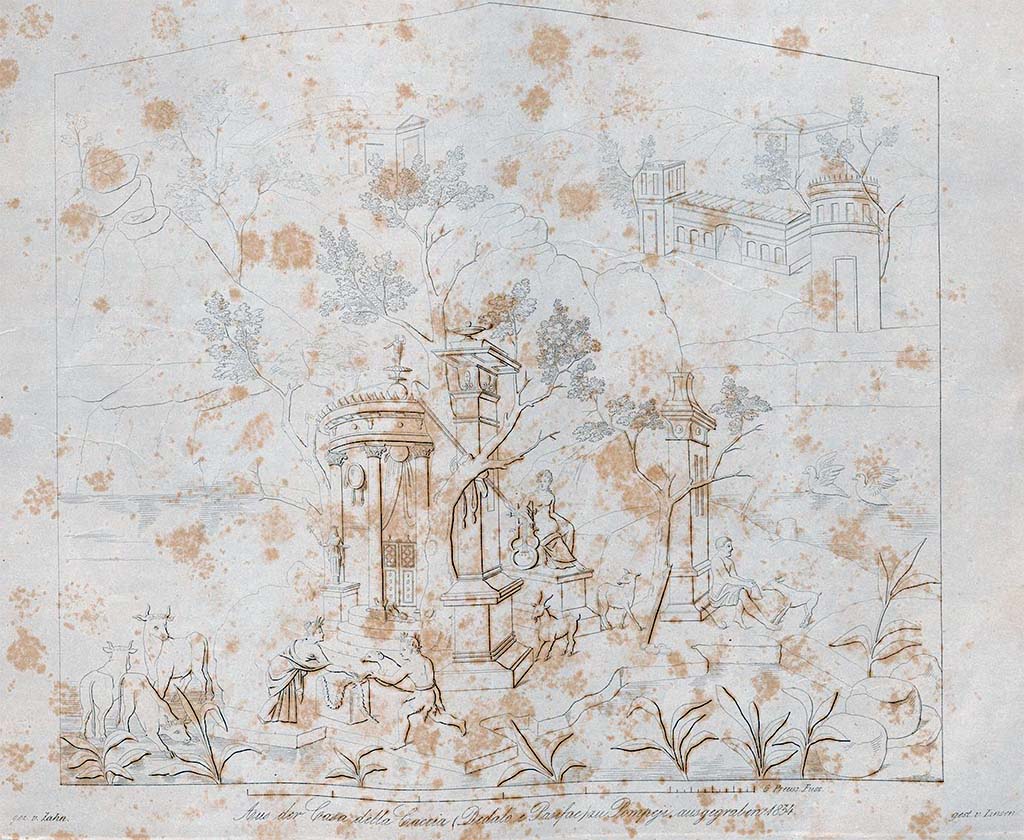 VII.4.48 Pompeii. 1834.  Drawing by Zahn of painting found on a wall on the right side of the peristyle at the rear.
It represents a historical landscape, with buildings, sacrifices, etc.
Most of the buildings are reddish: the small temple in the foreground is white with reddish shadows and yellow decorations; the figure of the woman occupied with the sacrifice has a purple drapery.
See Zahn, W., 1842-44. Die schönsten Ornamente und merkwürdigsten Gemälde aus Pompeji, Herkulanum und Stabiae: II. Berlin: Reimer, taf. 60.