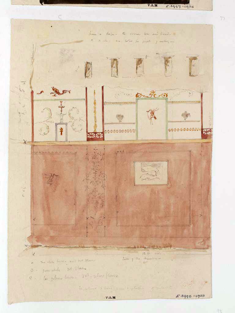 VII.4.49 Pompeii. c.1840’s. Painting/sketch by James William Wild showing a wall in a shop, described by him as –
“the room is low and broad, ‘a to a’ are holes for joists for the ceiling. 13ft wide, side of chamber.
Photo © Victoria and Albert Museum, inventory number E.3998-1938.
Note: the drawing in the centre of the high red zoccolo would appear to be of two fish, the upper one being a cuttlefish. 
This would correspond with Fiorelli's description of a painting of a cuttlefish and a red mullet.